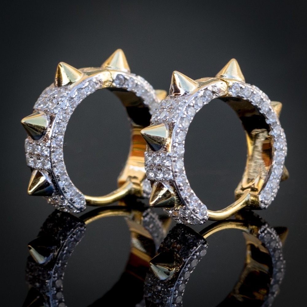 Men’s 14k Gold Hip Hop Spiked Cz Hoop earrings